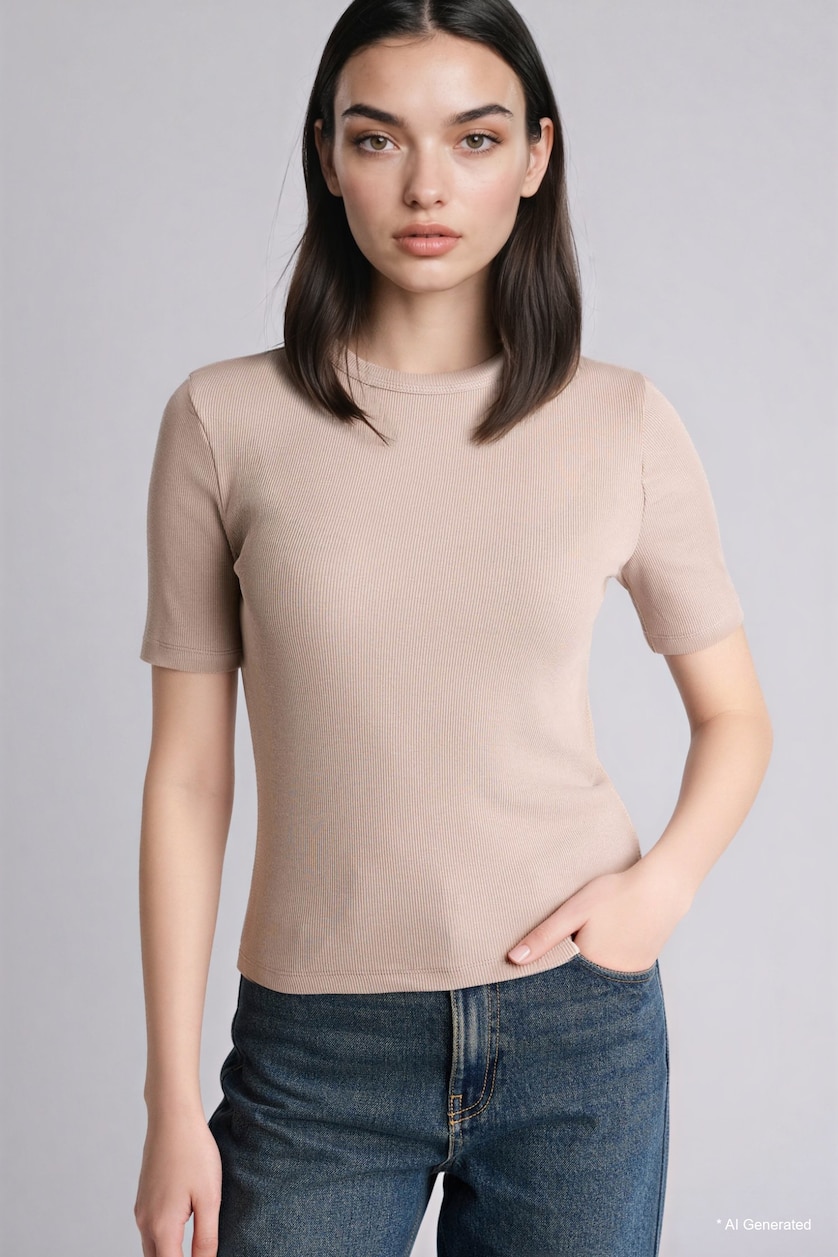 WOMAN Stone Slim Fit Crew Neck Basic Ribbed Short Sleeve T-Shirt