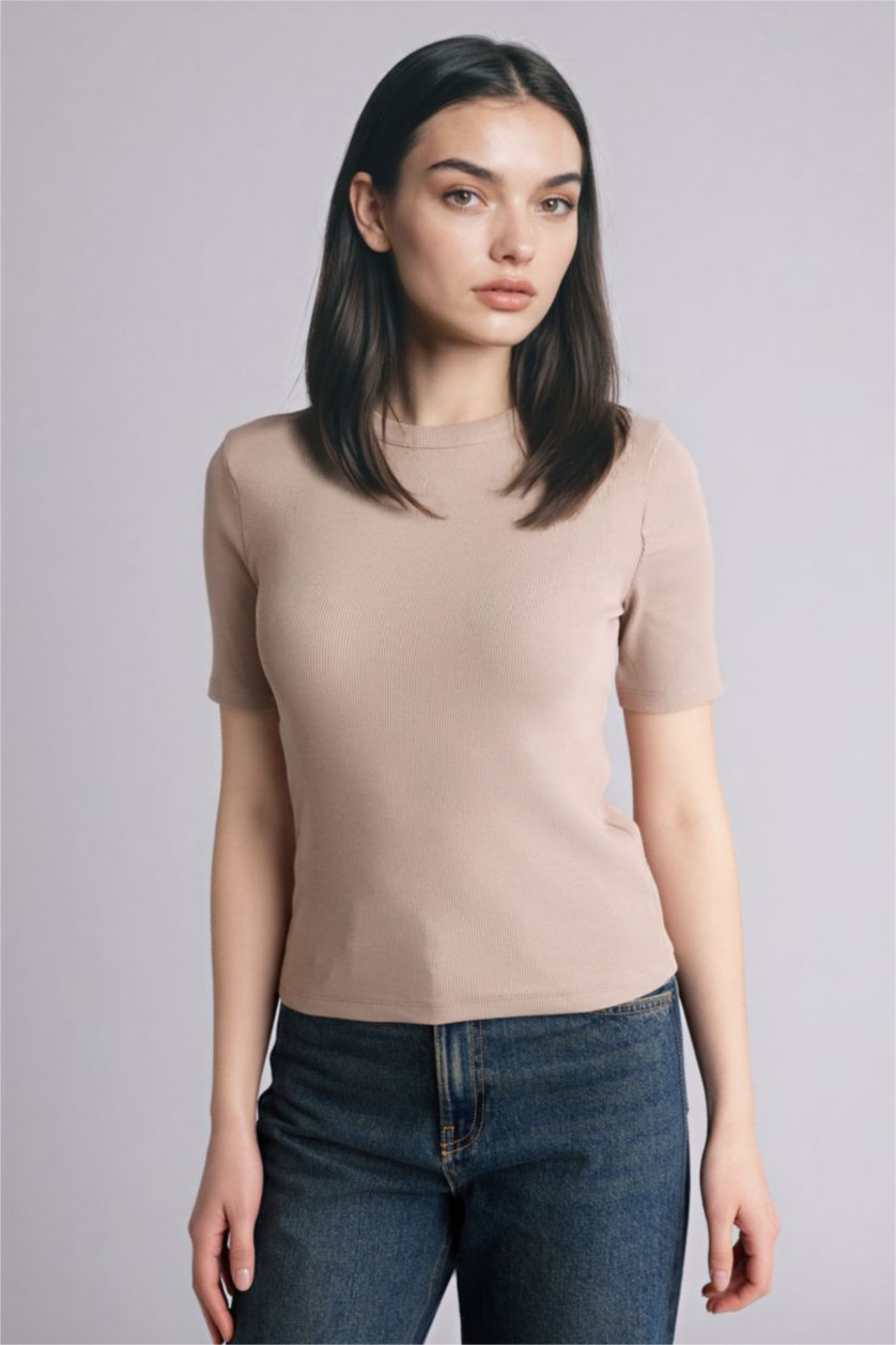 WOMAN Stone Slim Fit Crew Neck Basic Ribbed Short Sleeve T-Shirt