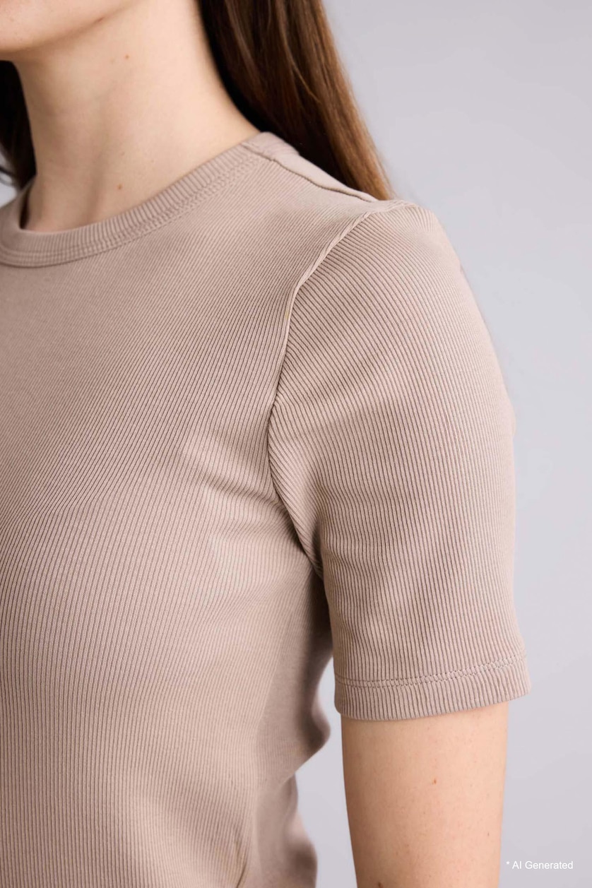 WOMAN Stone Slim Fit Crew Neck Basic Ribbed Short Sleeve T-Shirt