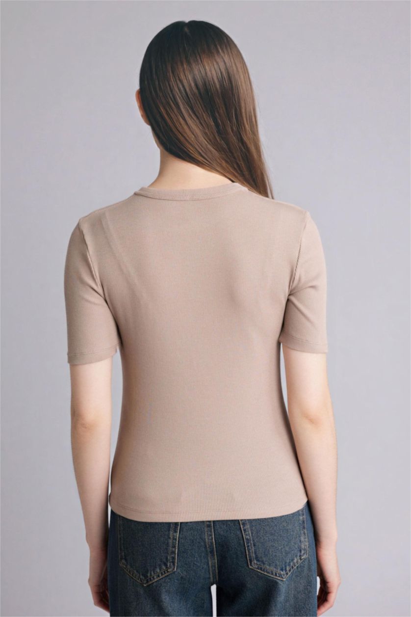 WOMAN Stone Slim Fit Crew Neck Basic Ribbed Short Sleeve T-Shirt