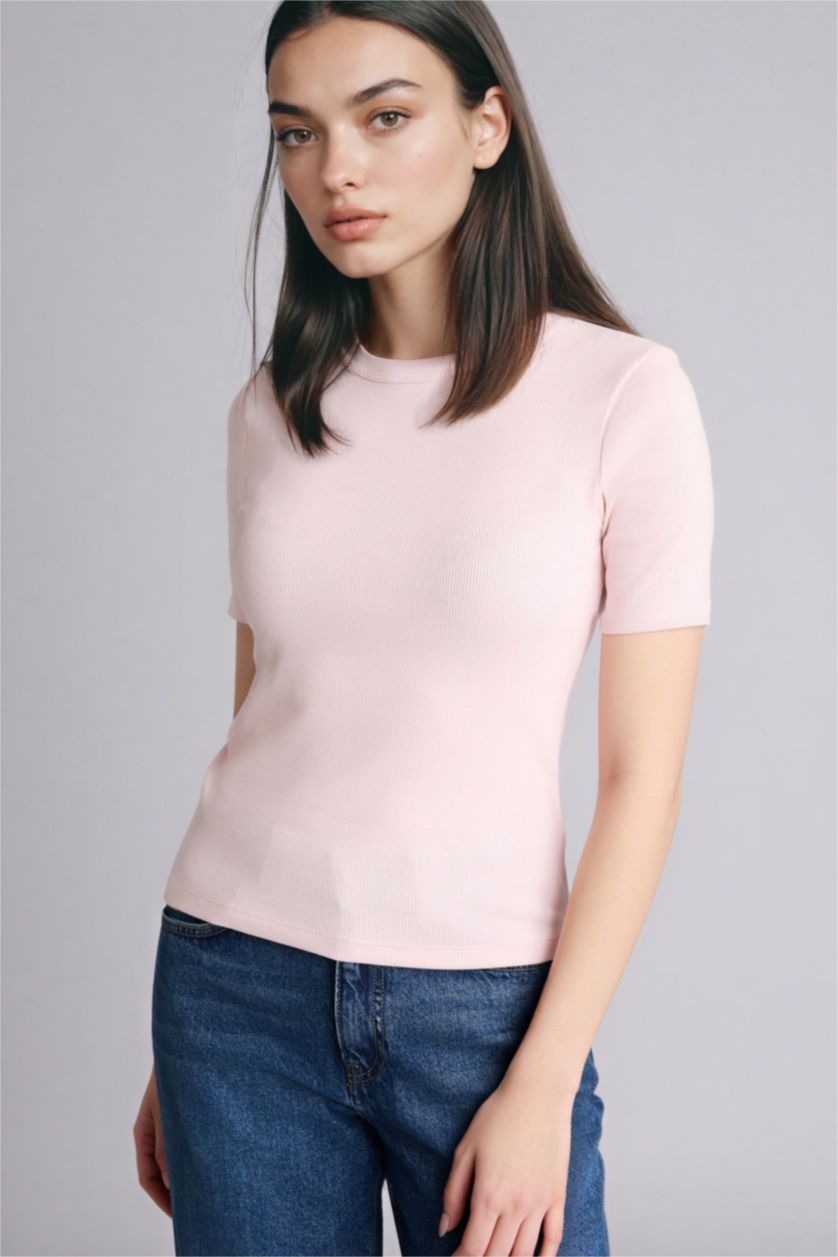 WOMAN Light Pink Slim Fit Crew Neck Basic Ribbed Short Sleeve T-Shirt