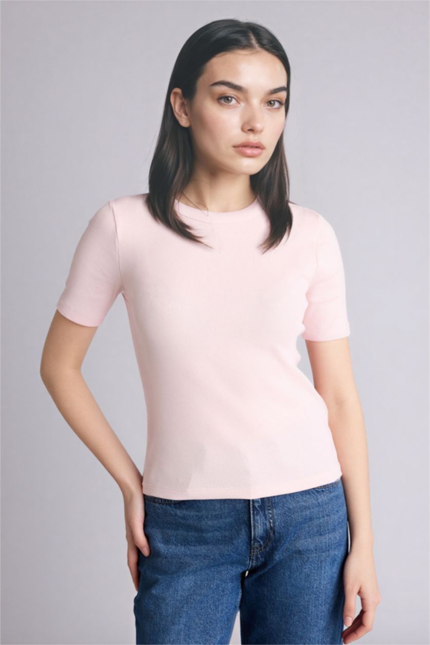 WOMAN Light Pink Slim Fit Crew Neck Basic Ribbed Short Sleeve T-Shirt