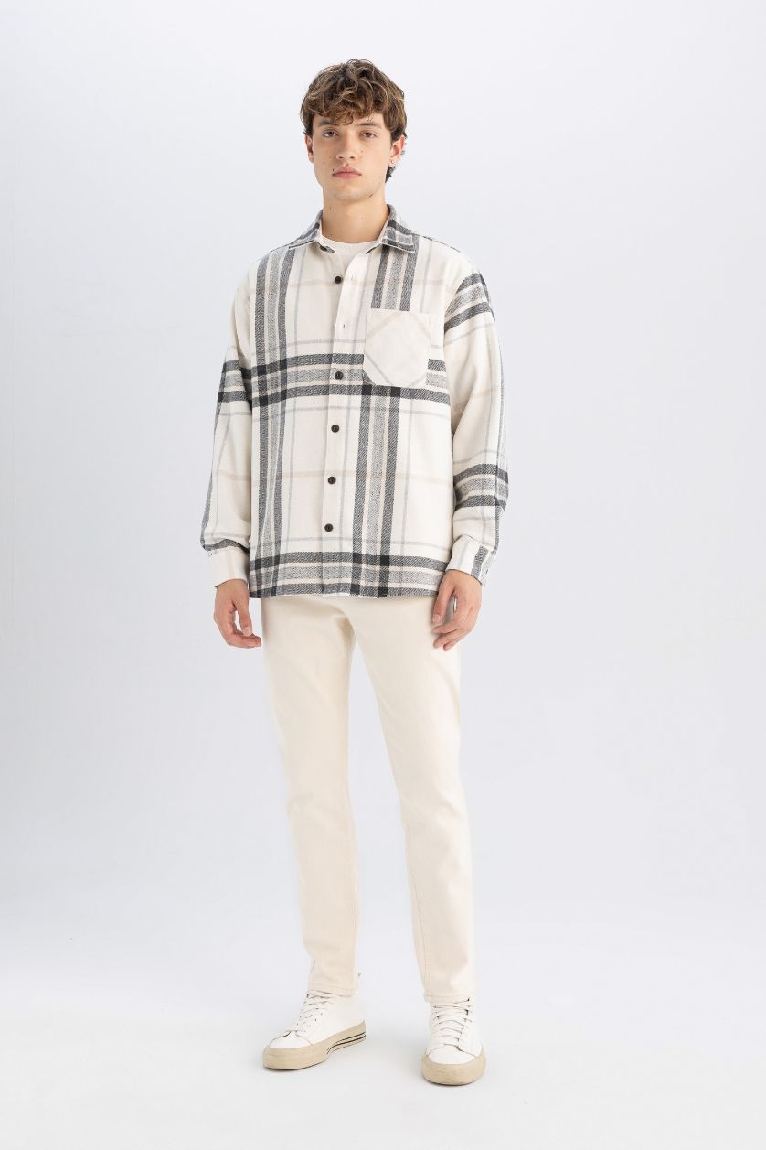 Erkek Ekru Regular Fit Polo Yaka Kareli Oduncu Flanel Uzun Kollu Gömlek