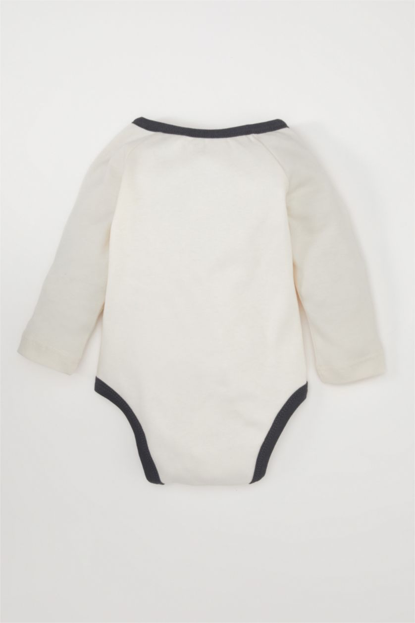 Erkek Bebek Kırık Beyaz Zürafa Nakışlı Uzun Kollu Çıtçıtlı Body Erkek Bebek Yenidoğan