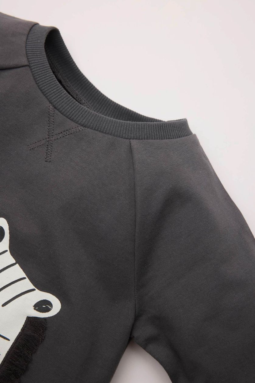 Baby Boy Anthracite Baby Boy Zebra Printed Sweatshirt Bottom 2 Piece Set