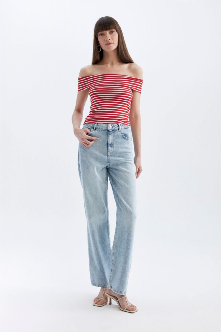 WOMAN Red Fitted Off Shoulder Short Sleeve T-Shirt