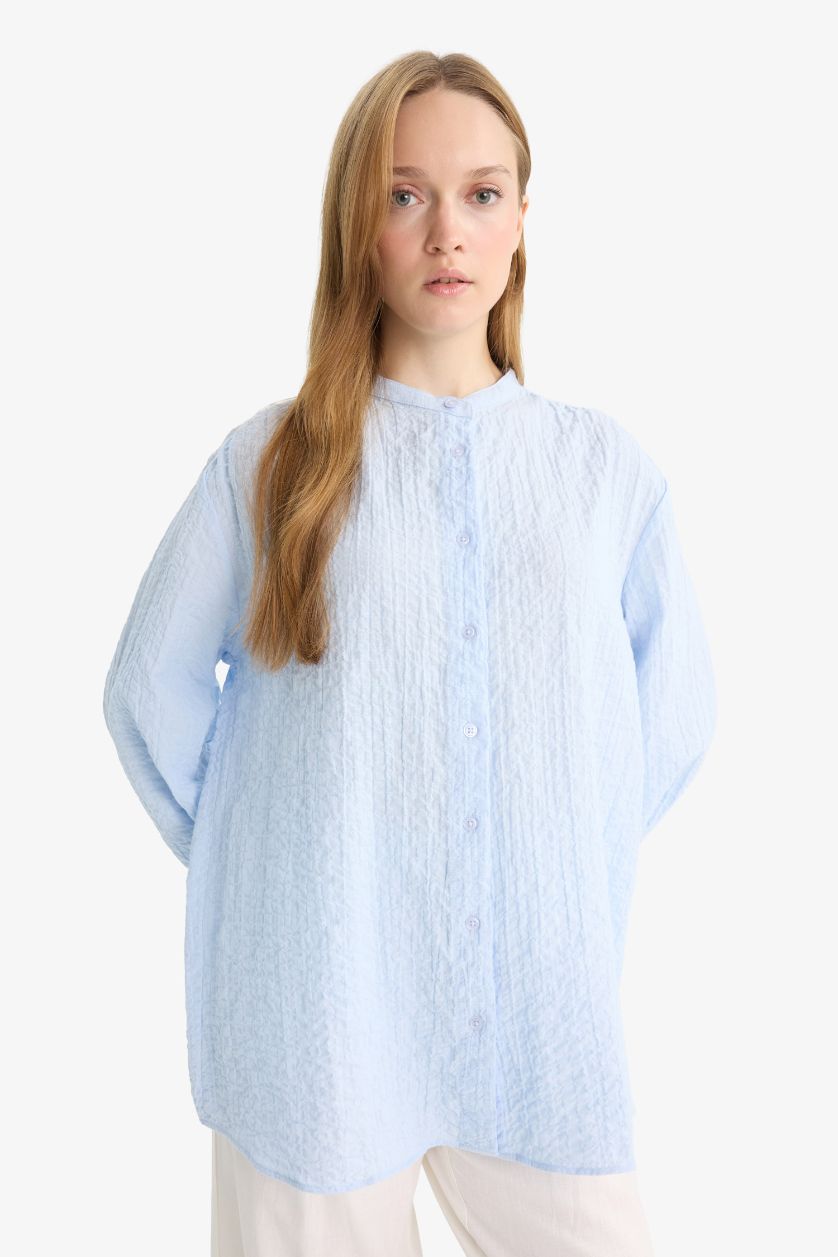 Kadın Açık Mavi Relax Fıt Bisiklet Yaka Gofre Dokulu Uzun Kollu Tunik