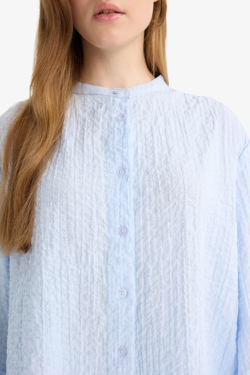 Kadın Açık Mavi Relax Fıt Bisiklet Yaka Gofre Dokulu Uzun Kollu Tunik