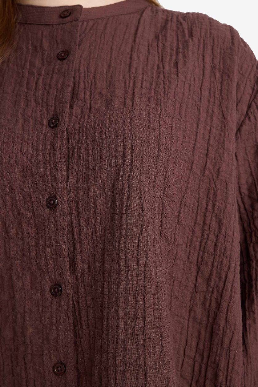 Kadın Kahve Relax Fit Bisiklet Yaka Gofre Dokulu Uzun Kollu Tunik