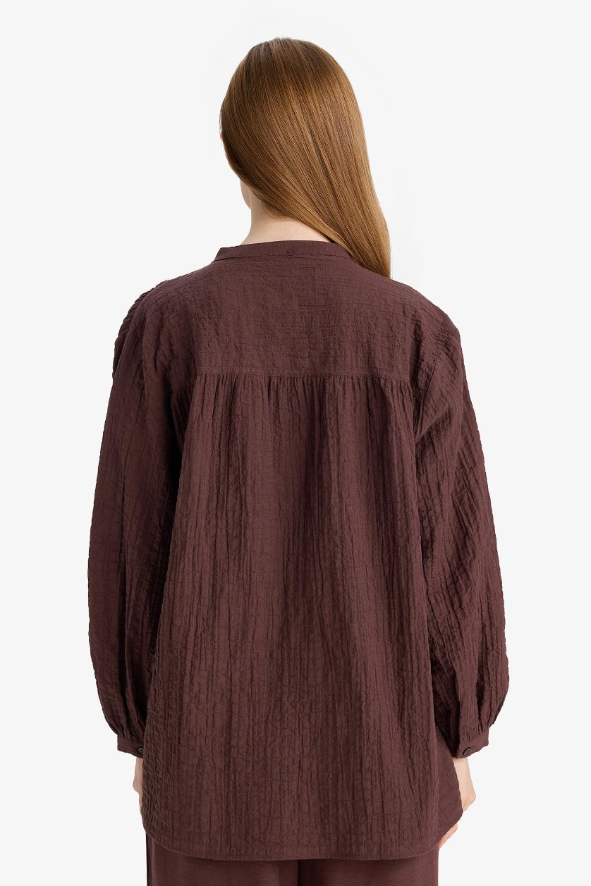 Kadın Kahve Relax Fit Bisiklet Yaka Gofre Dokulu Uzun Kollu Tunik