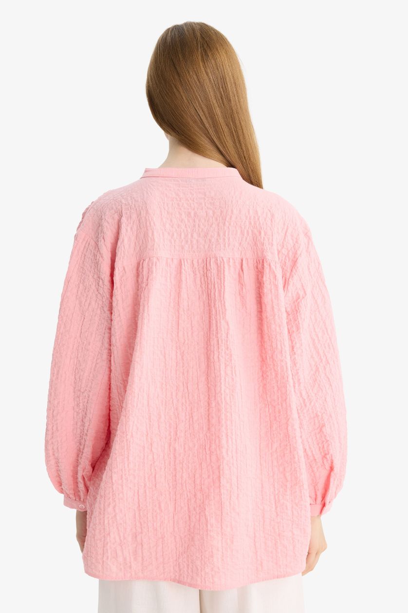 Kadın Pembe Relax Fıt Bisiklet Yaka Gofre Dokulu Uzun Kollu Tunik