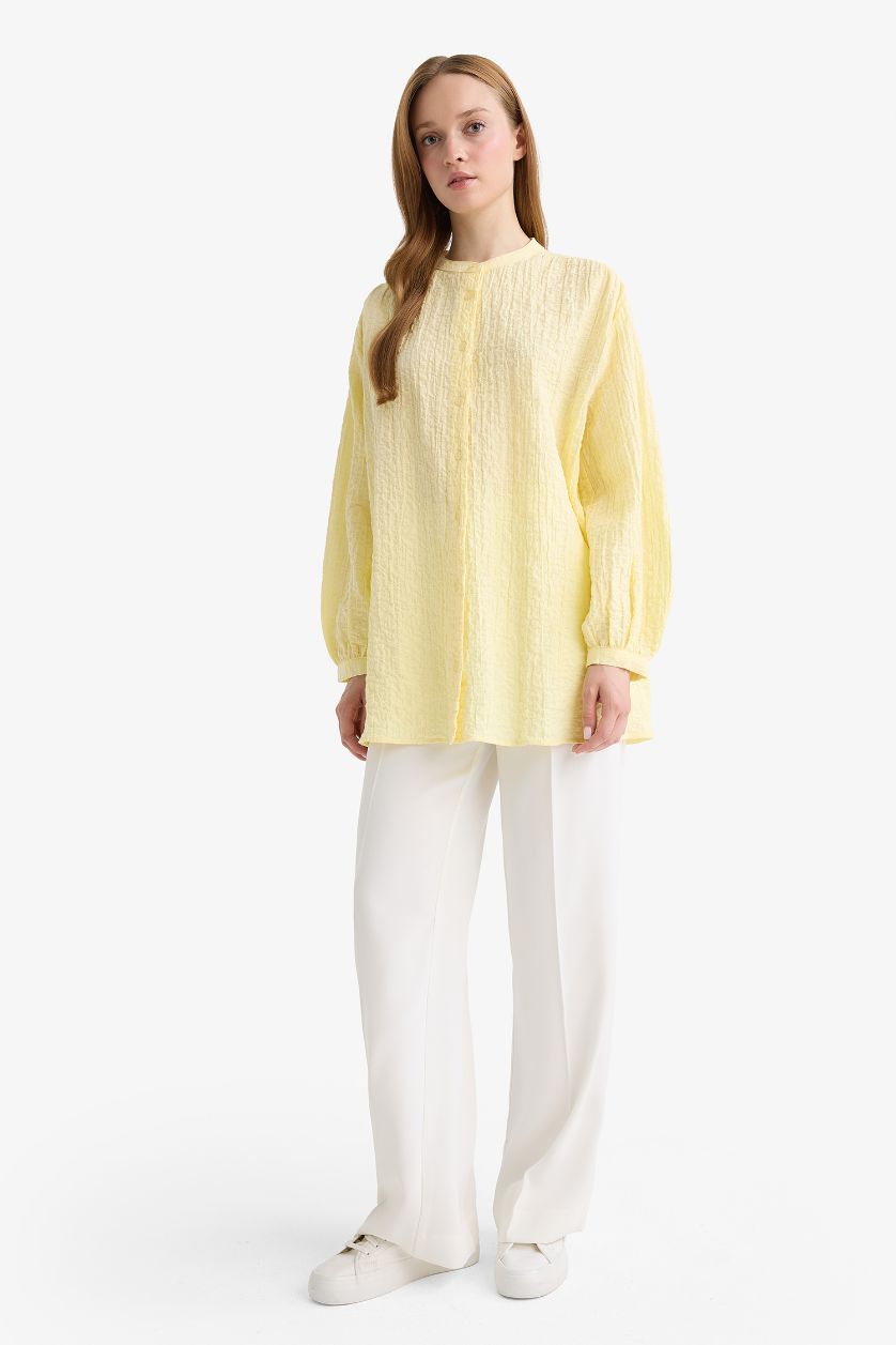 FEMME Jaune Clair Tunique à manches longues et col rond en tissu gaufré Coupe décontractée