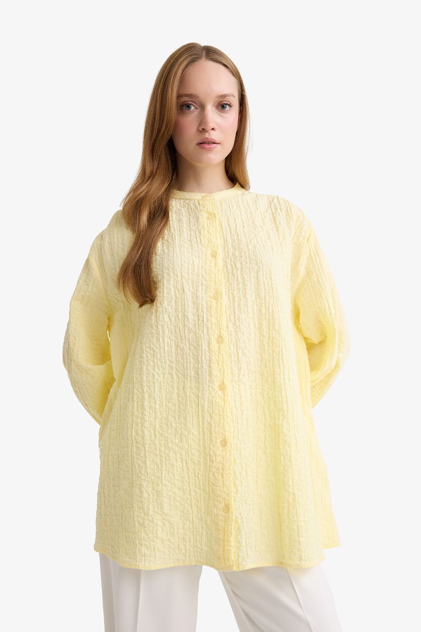 FEMME Jaune Clair Tunique à manches longues et col rond en tissu gaufré Coupe décontractée