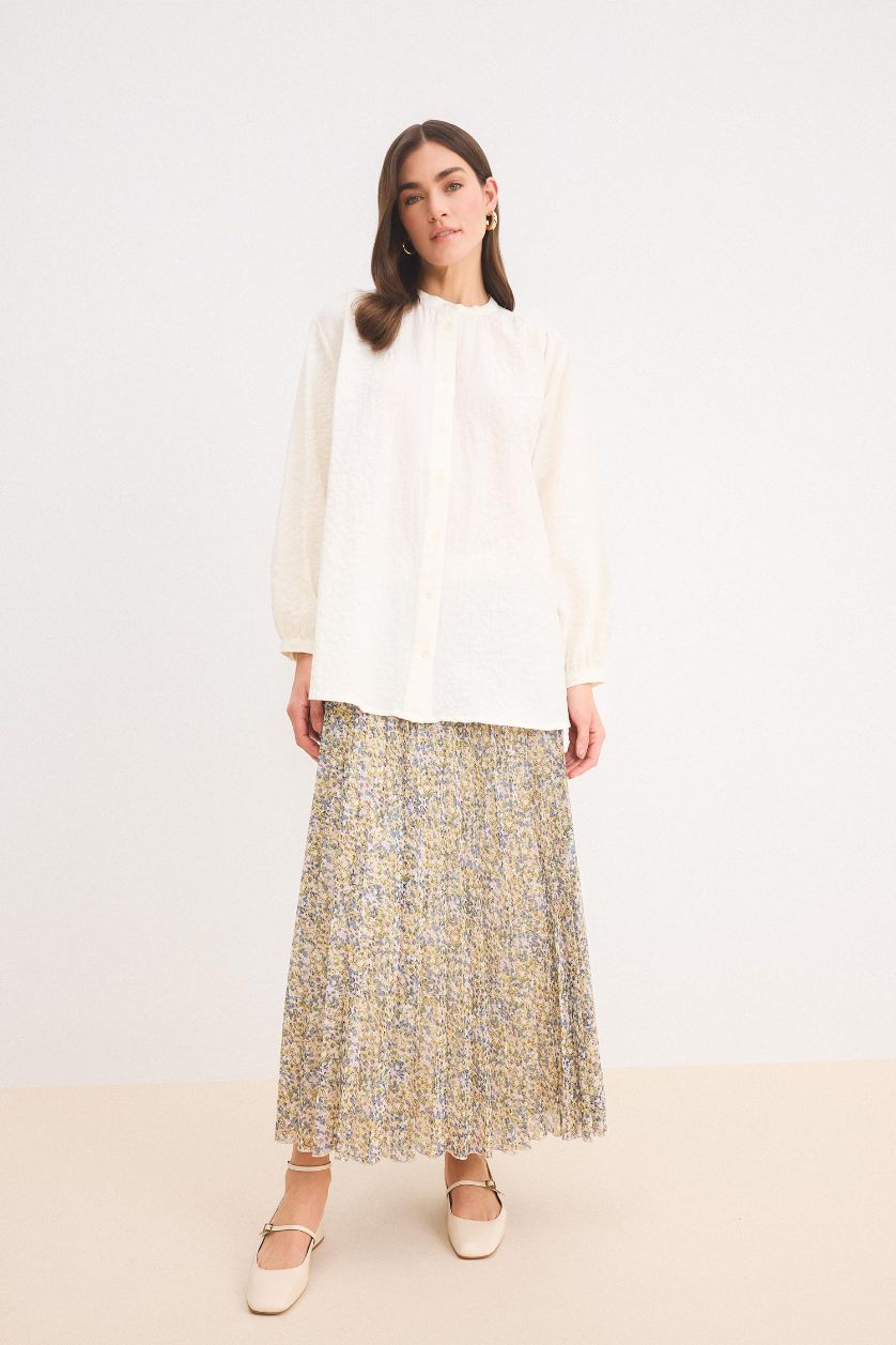 Kadın Ekru Relax Fit Gofre Dokulu Uzun Kollu Tesettür Gömlek Tunik