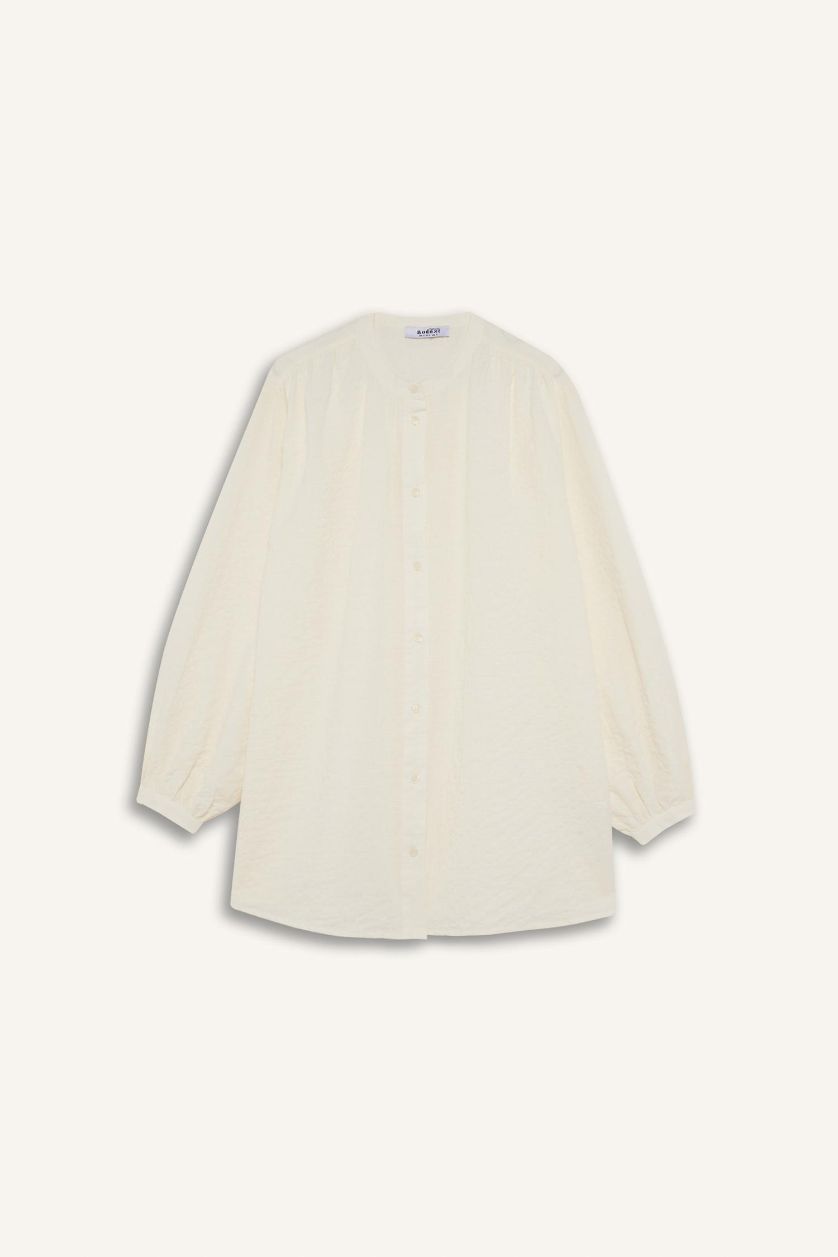 Kadın Ekru Relax Fit Gofre Dokulu Uzun Kollu Tesettür Gömlek Tunik