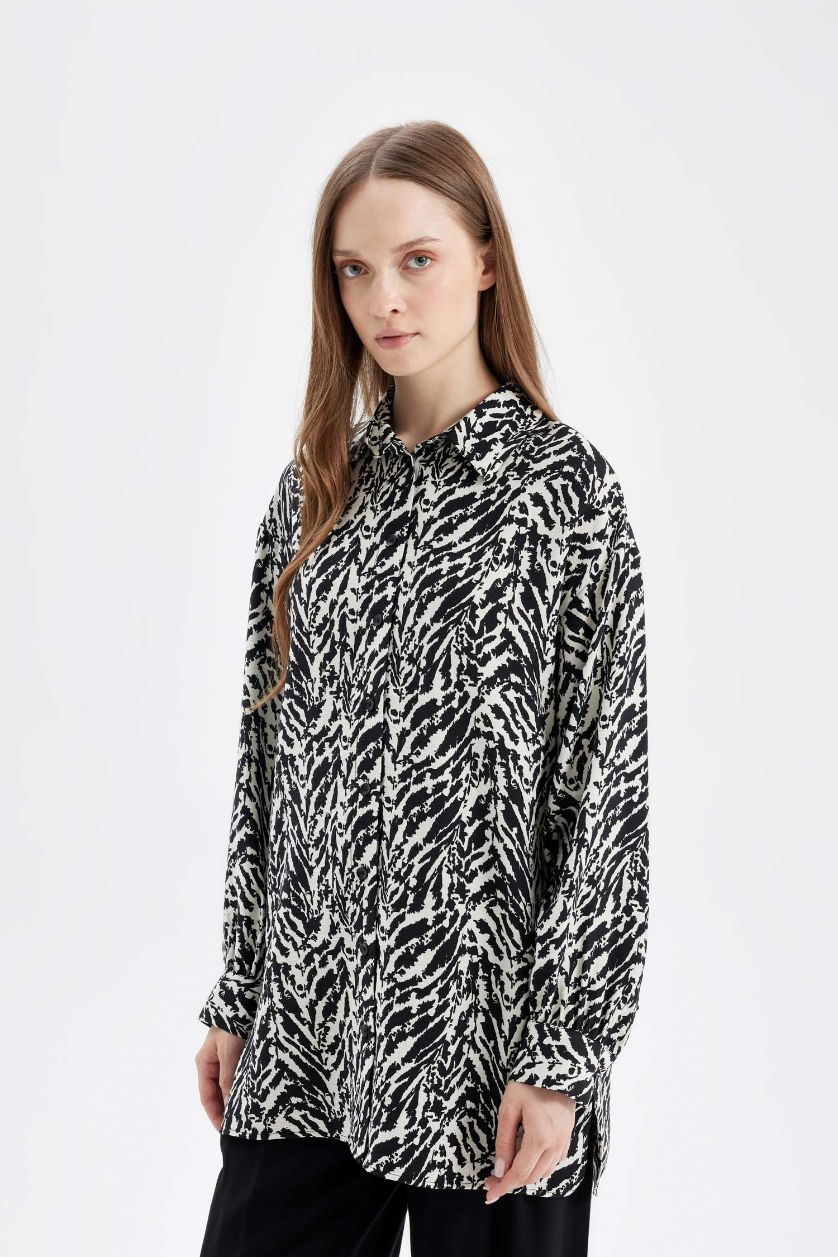 Kadın Siyah Relax Fit Gömlek Yaka Desenli Uzun Kollu Gömlek Tunik