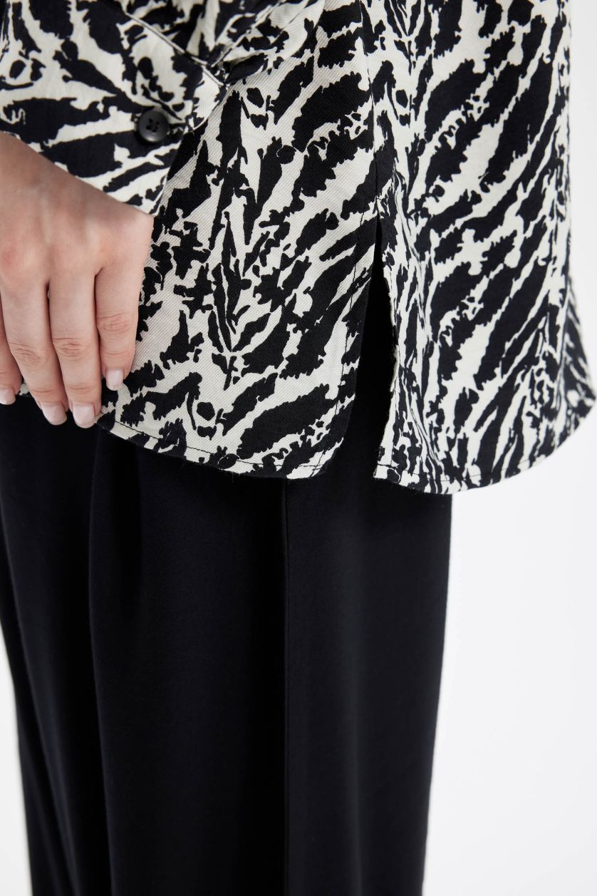 Kadın Siyah Relax Fit Gömlek Yaka Desenli Uzun Kollu Gömlek Tunik