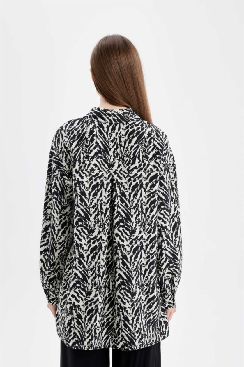 Kadın Siyah Relax Fit Gömlek Yaka Desenli Uzun Kollu Gömlek Tunik