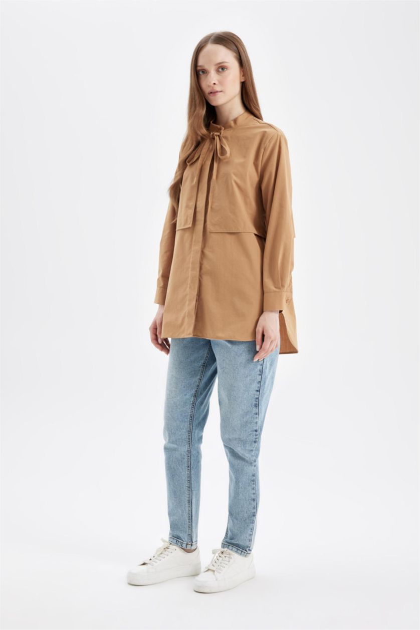 نساء بيج تونيك كم طويل بوبلين قصة مريحة