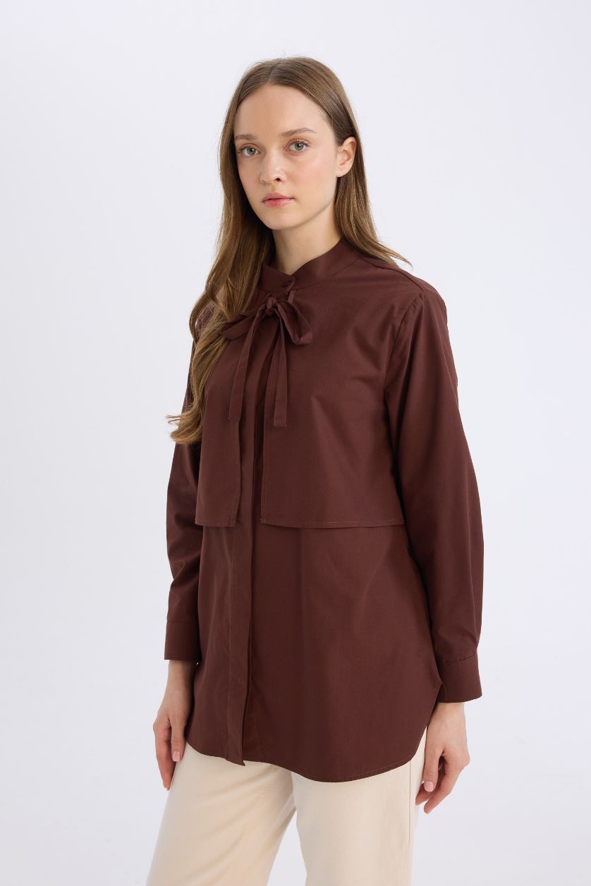 Kadın Kahve Relax Fit Fiyonk Yaka Poplin Uzun Kollu Gömlek Tunik