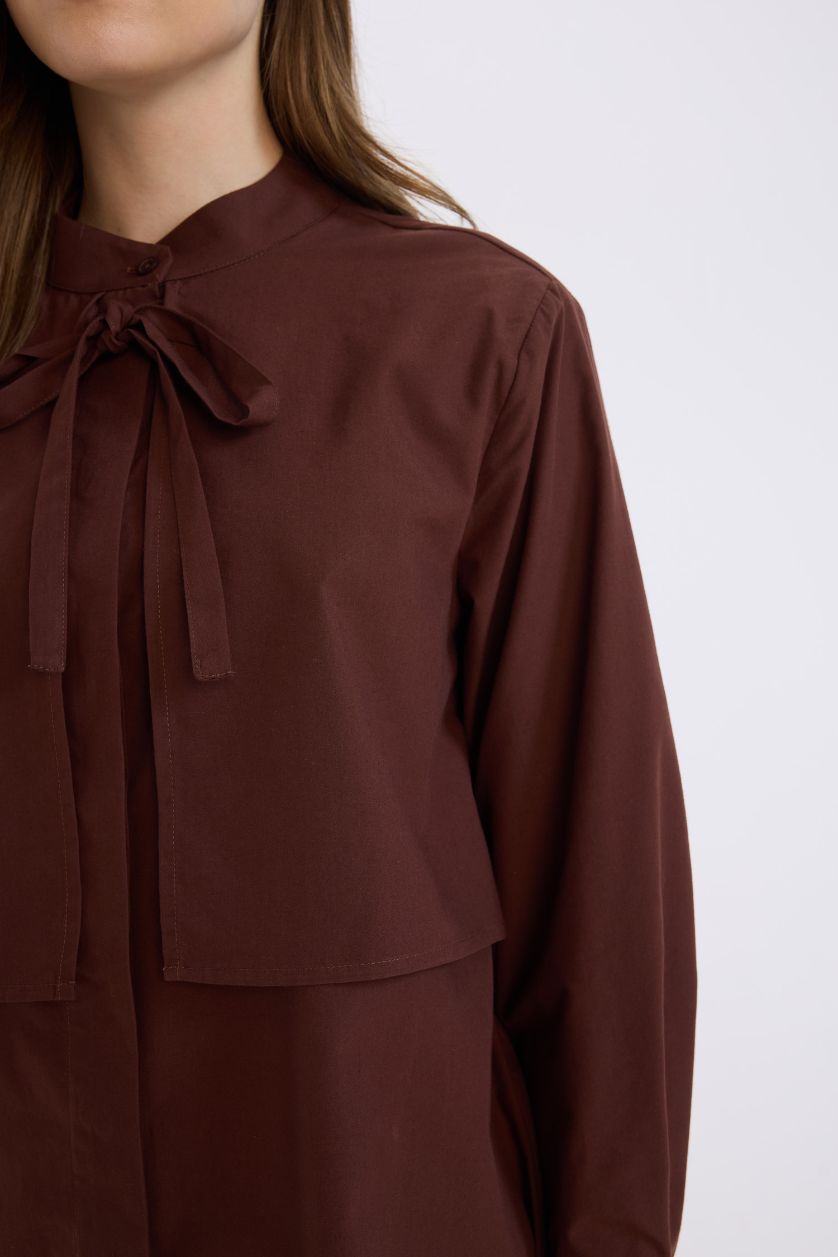 Kadın Kahve Relax Fit Fiyonk Yaka Poplin Uzun Kollu Gömlek Tunik