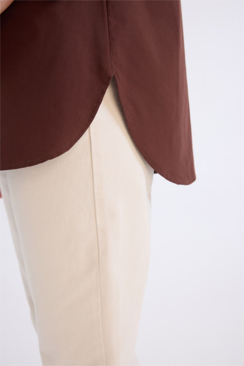 Kadın Kahve Relax Fit Fiyonk Yaka Poplin Uzun Kollu Gömlek Tunik