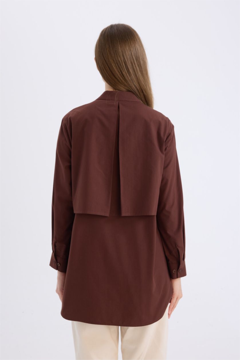 Kadın Kahve Relax Fit Fiyonk Yaka Poplin Uzun Kollu Gömlek Tunik