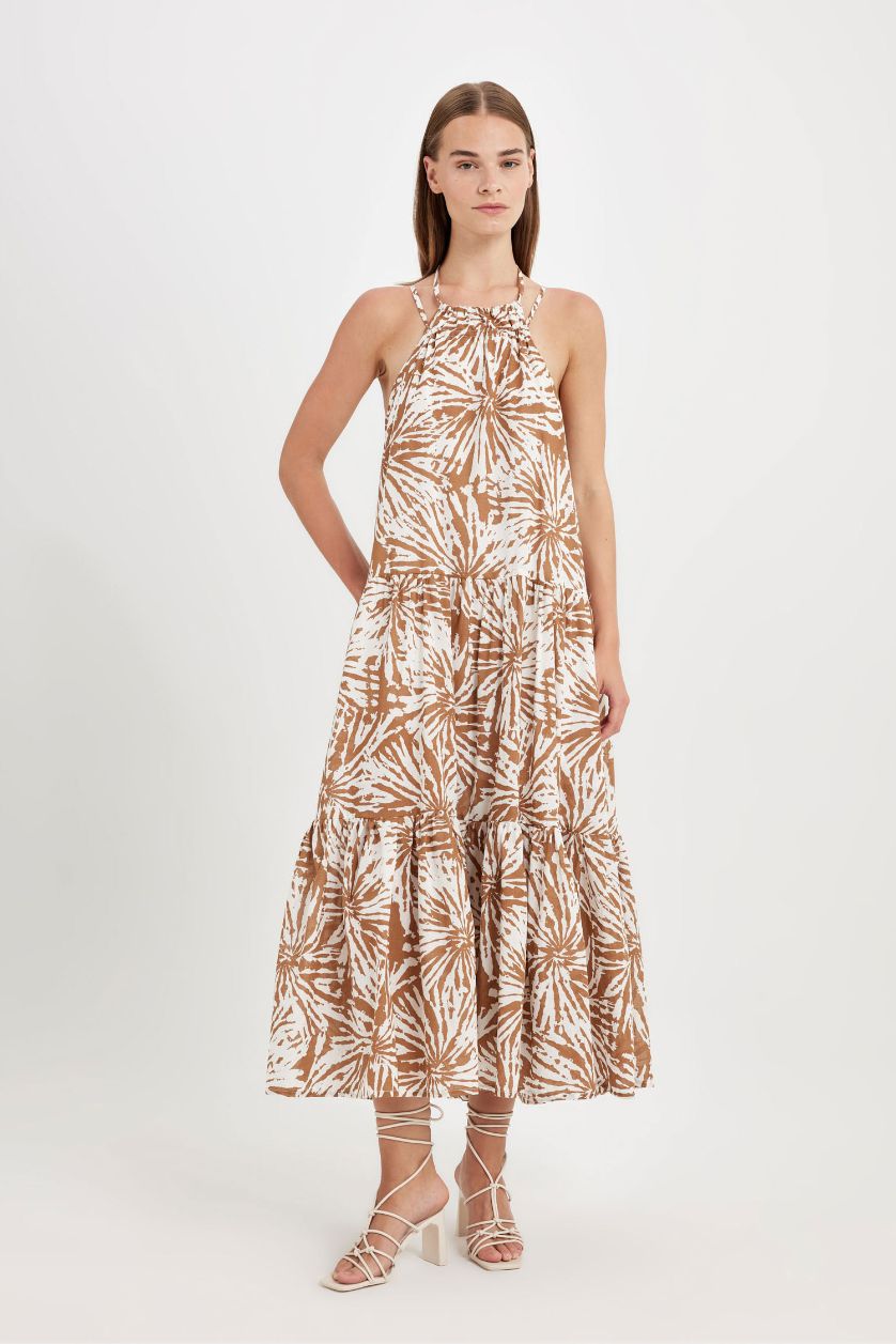 Kadın Ekru A Kesim Halter Yaka Çiçek Desenli Vual Kolsuz Maxi Elbise