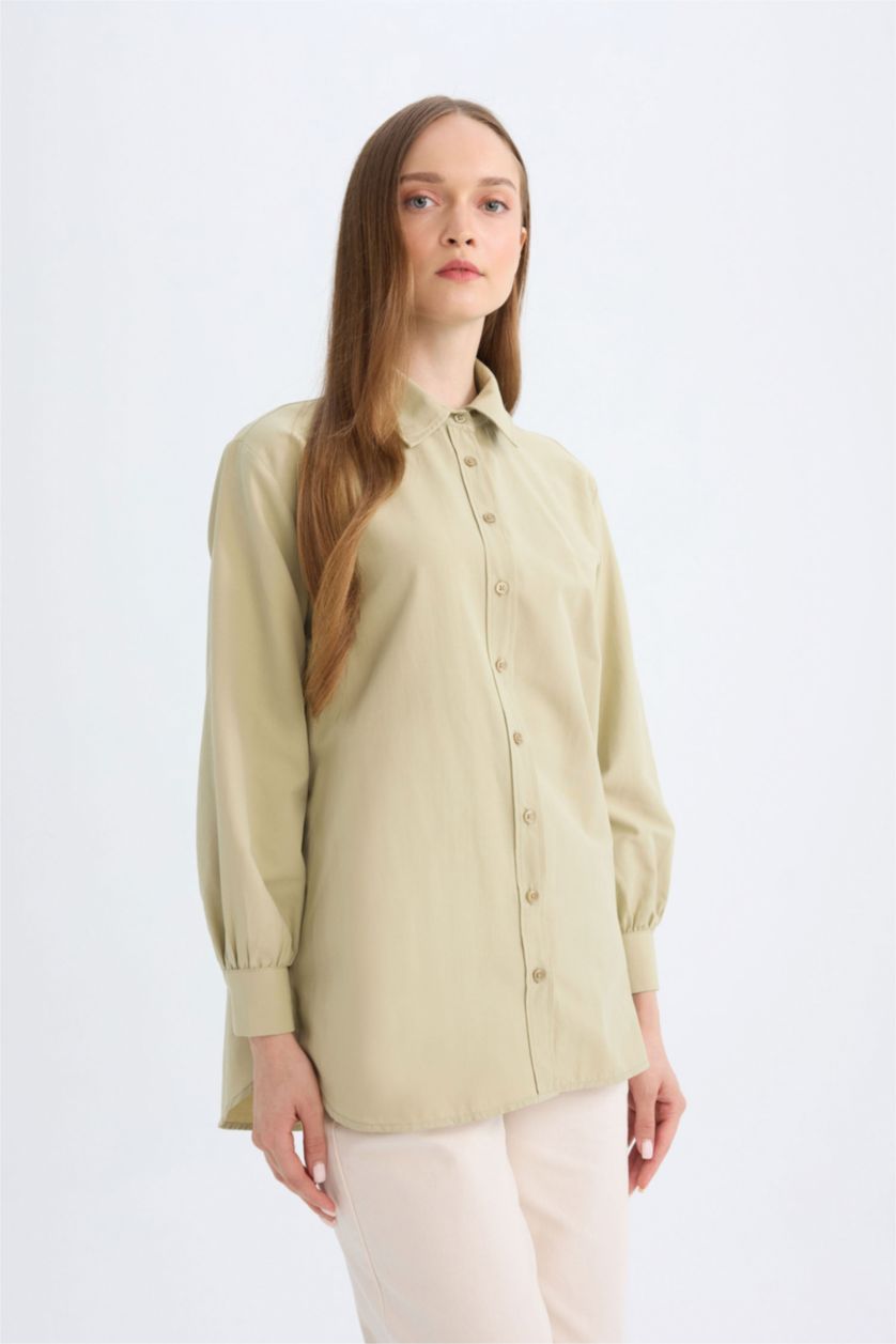 Kadın Açık Haki Relax Fit Gömlek Yaka Poplin Basic Düz Uzun Kollu Gömlek Tunik
