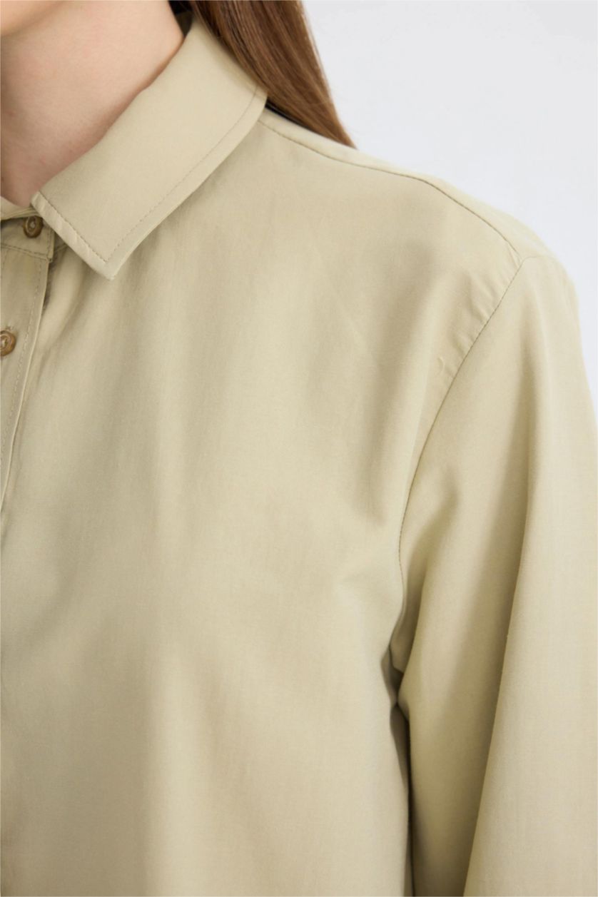 Kadın Açık Haki Relax Fit Gömlek Yaka Poplin Basic Düz Uzun Kollu Gömlek Tunik
