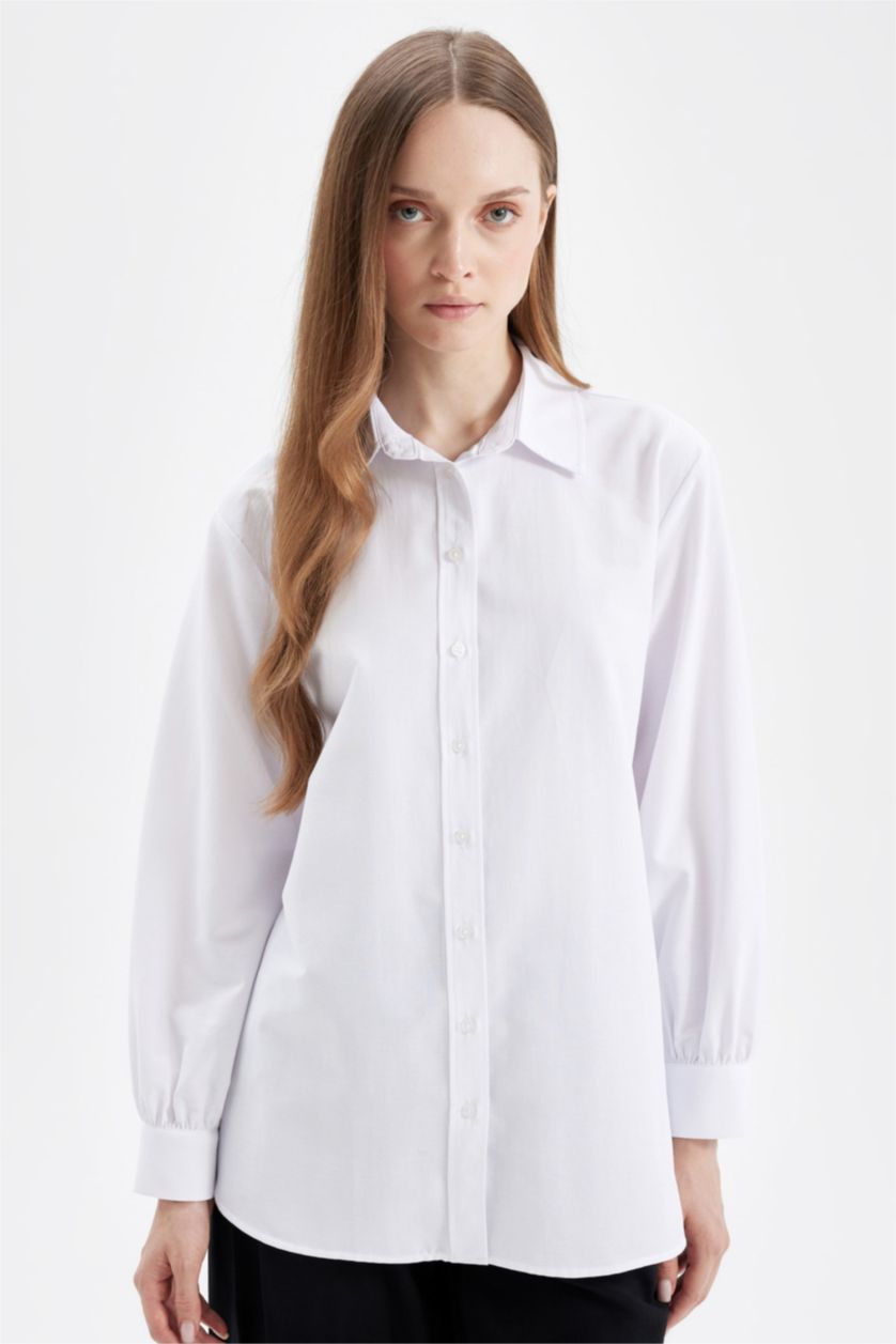 FEMME Blanc Chemise Basique blanche à manches longues Coupe décontractée en Popeline