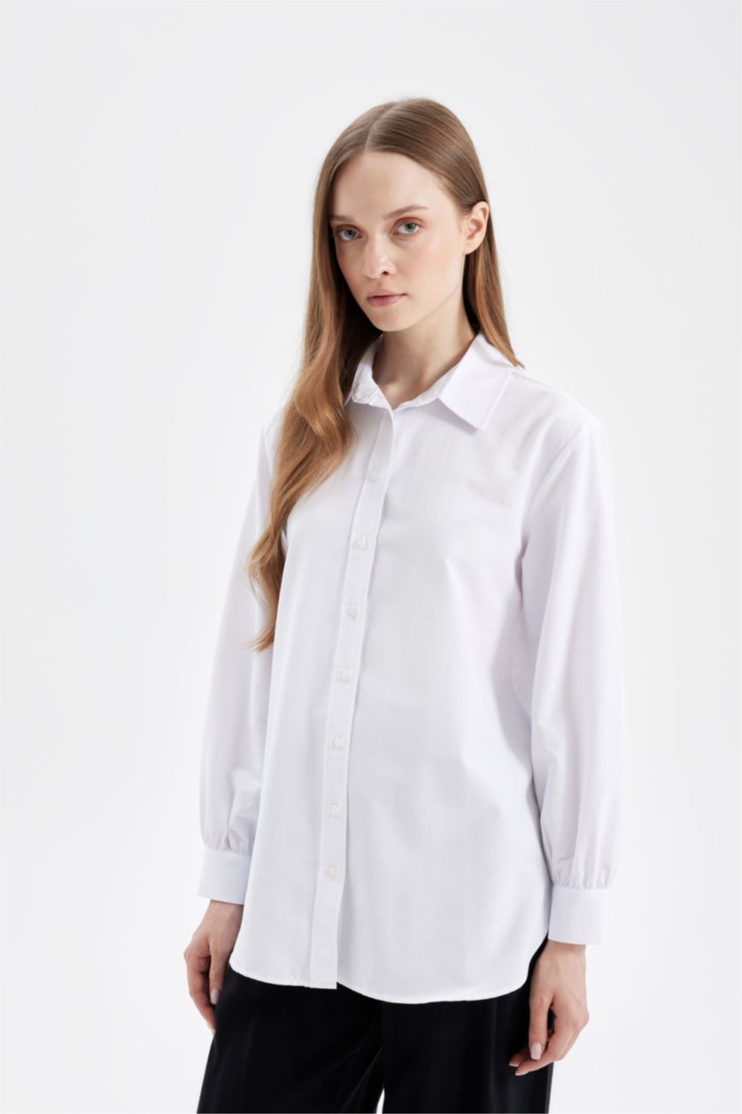 FEMME Blanc Chemise Basique blanche à manches longues Coupe décontractée en Popeline