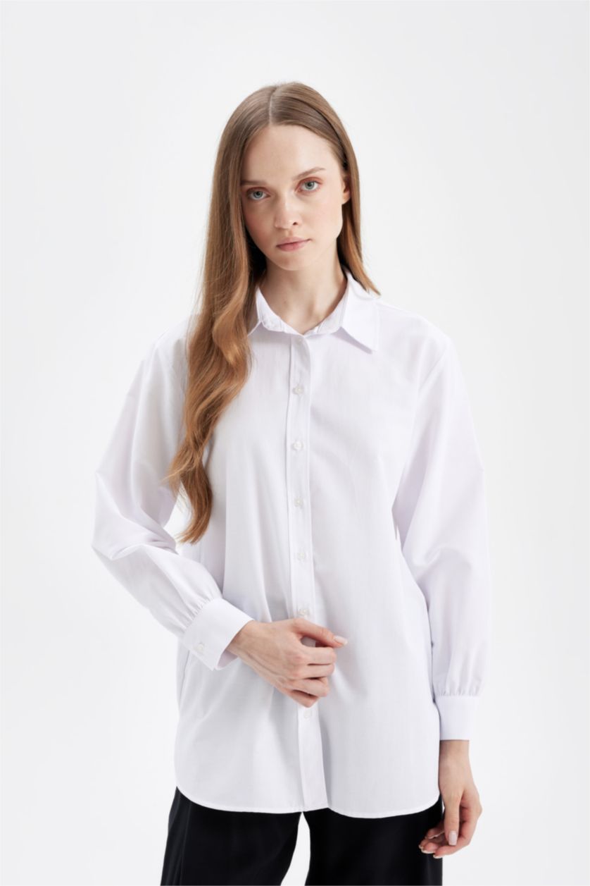 FEMME Blanc Chemise Basique blanche à manches longues Coupe décontractée en Popeline
