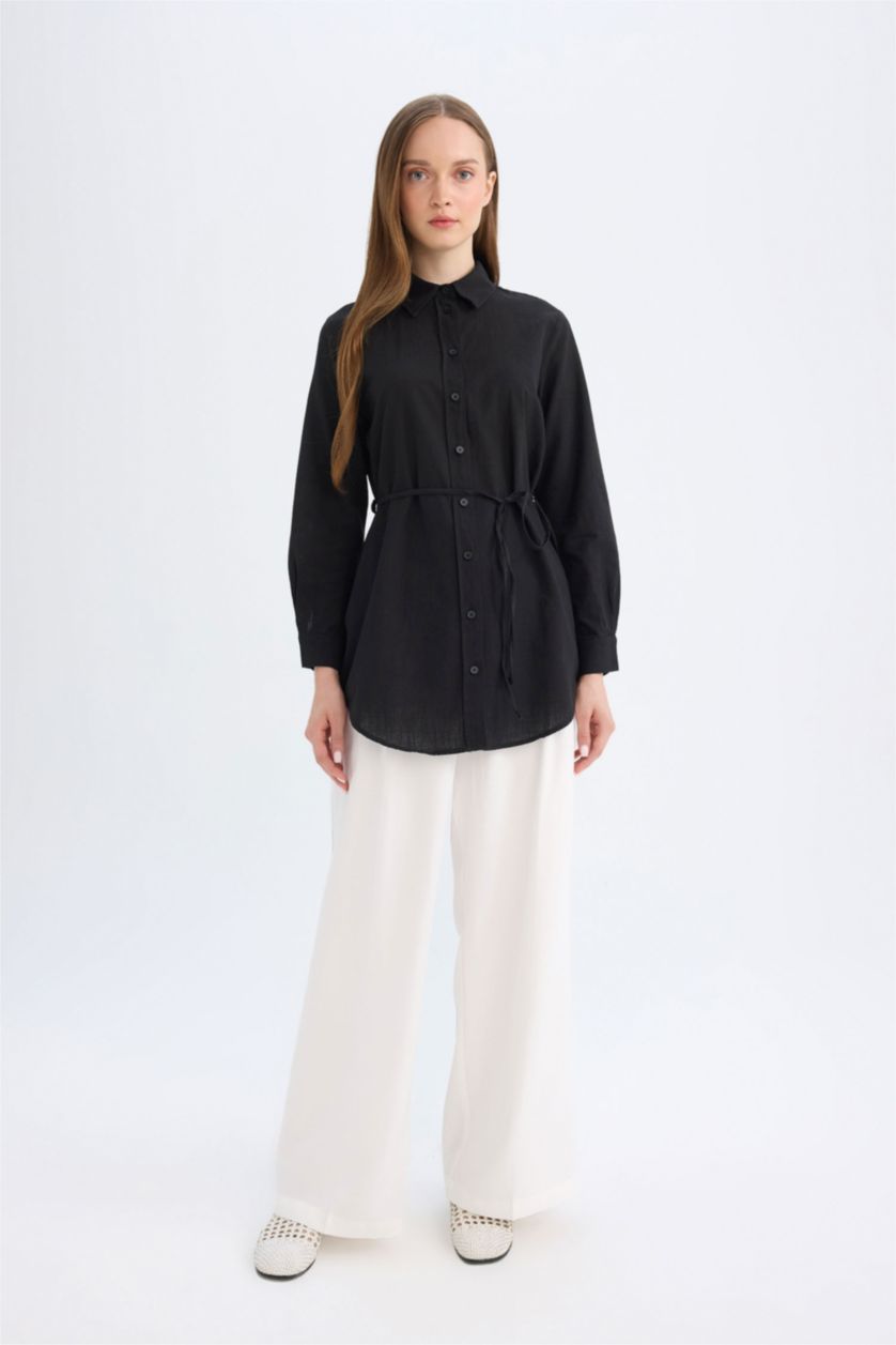 Kadın Siyah Regular Fit Poplin Basic Düz Uzun Kollu Siyah Gömlek Tunik