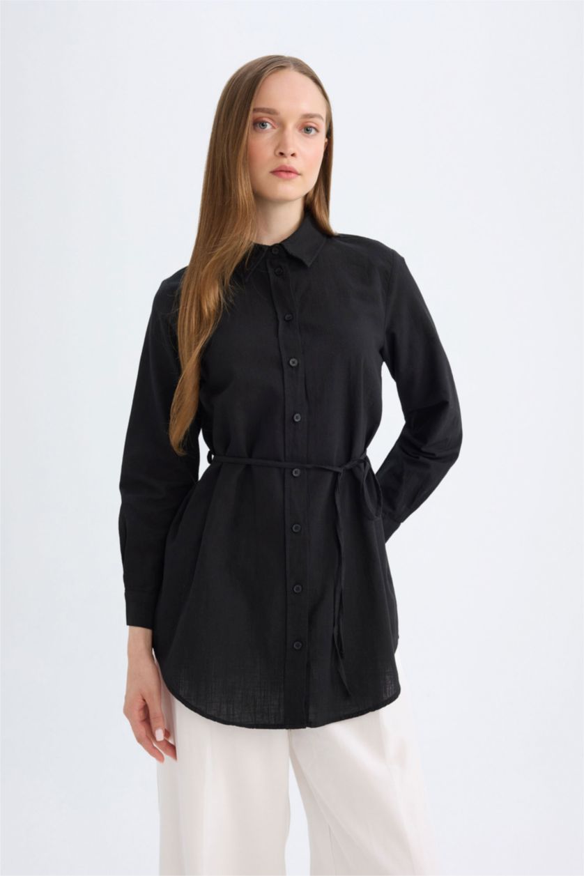 Kadın Siyah Regular Fit Poplin Basic Düz Uzun Kollu Siyah Gömlek Tunik