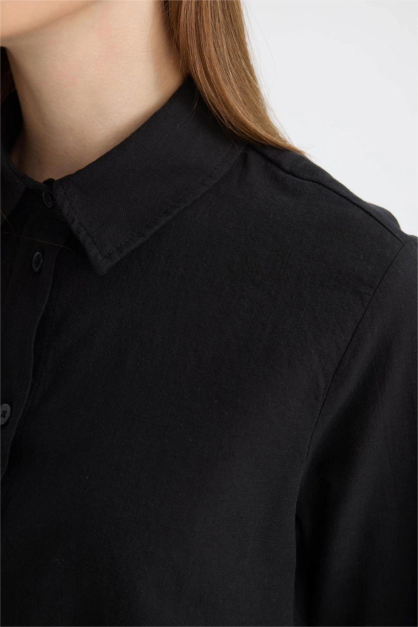 Kadın Siyah Regular Fit Poplin Basic Düz Uzun Kollu Siyah Gömlek Tunik