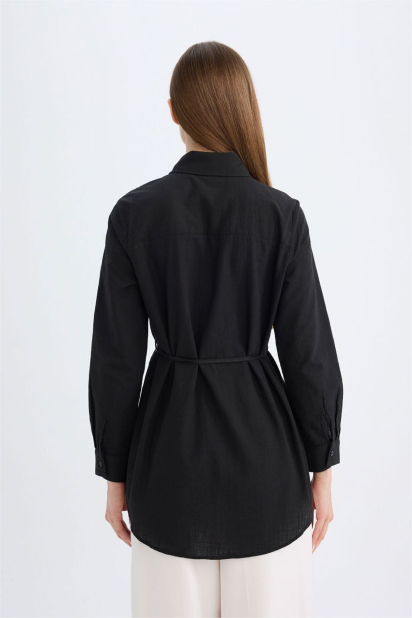 Kadın Siyah Regular Fit Poplin Basic Düz Uzun Kollu Siyah Gömlek Tunik