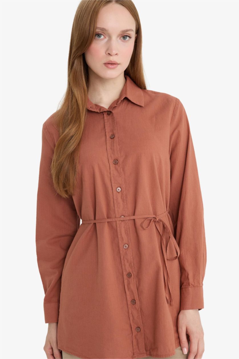Kadın Açık Kahve Regular Fit Poplin Basic Düz Uzun Kollu Gömlek Tunik