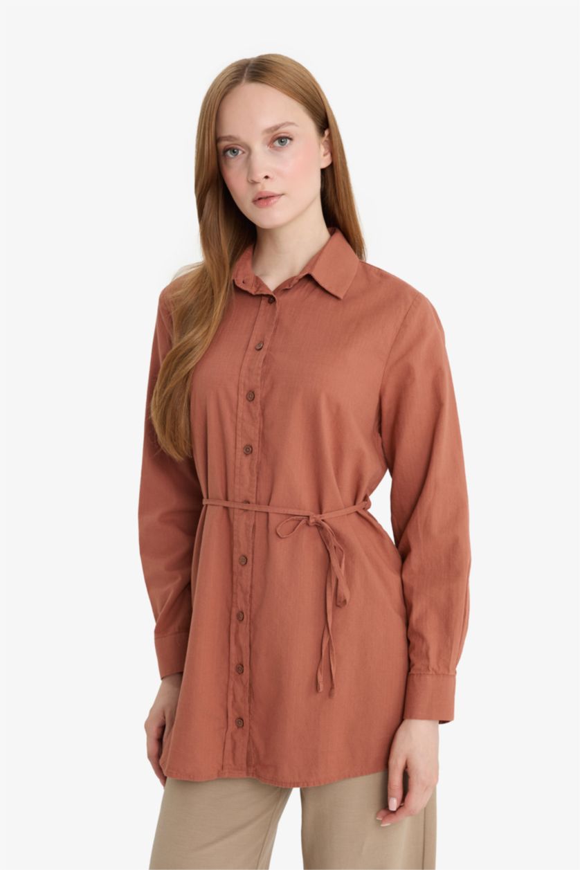 Kadın Açık Kahve Regular Fit Poplin Basic Düz Uzun Kollu Gömlek Tunik