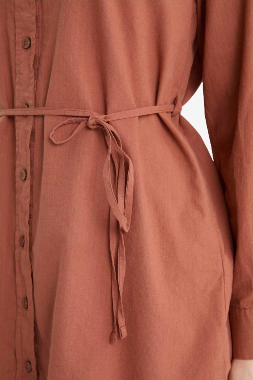 Kadın Açık Kahve Regular Fit Poplin Basic Düz Uzun Kollu Gömlek Tunik