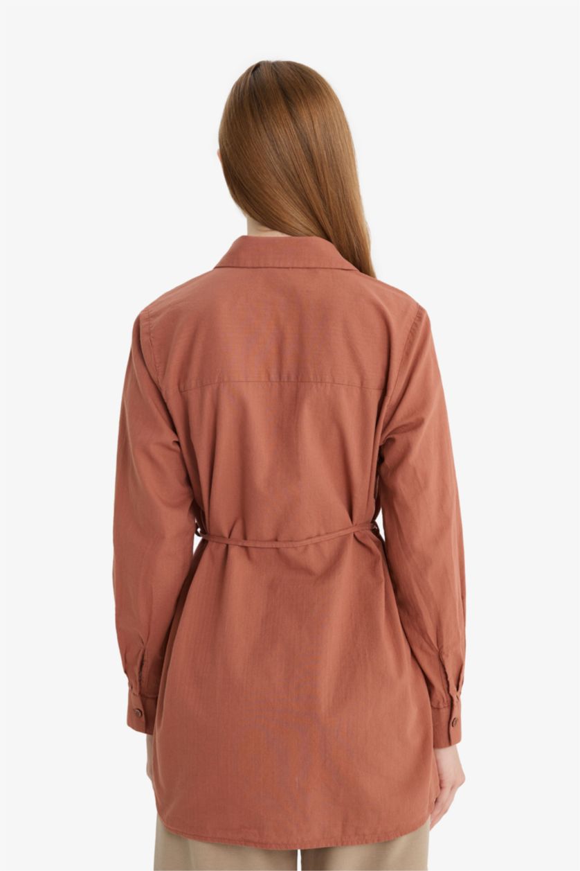 Kadın Açık Kahve Regular Fit Poplin Basic Düz Uzun Kollu Gömlek Tunik