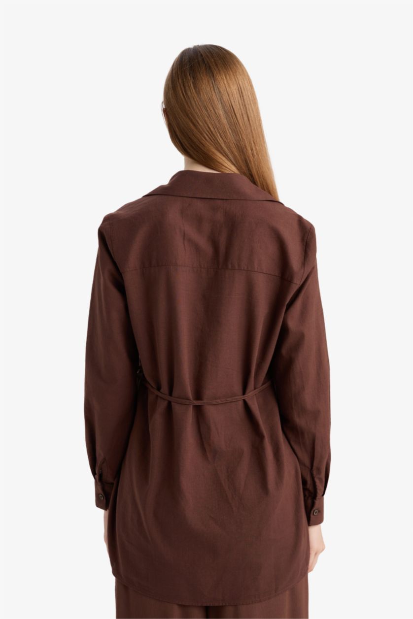 Kadın Kahve Regular Fit Poplin Bağlamalı Uzun Kollu Gömlek Tunik