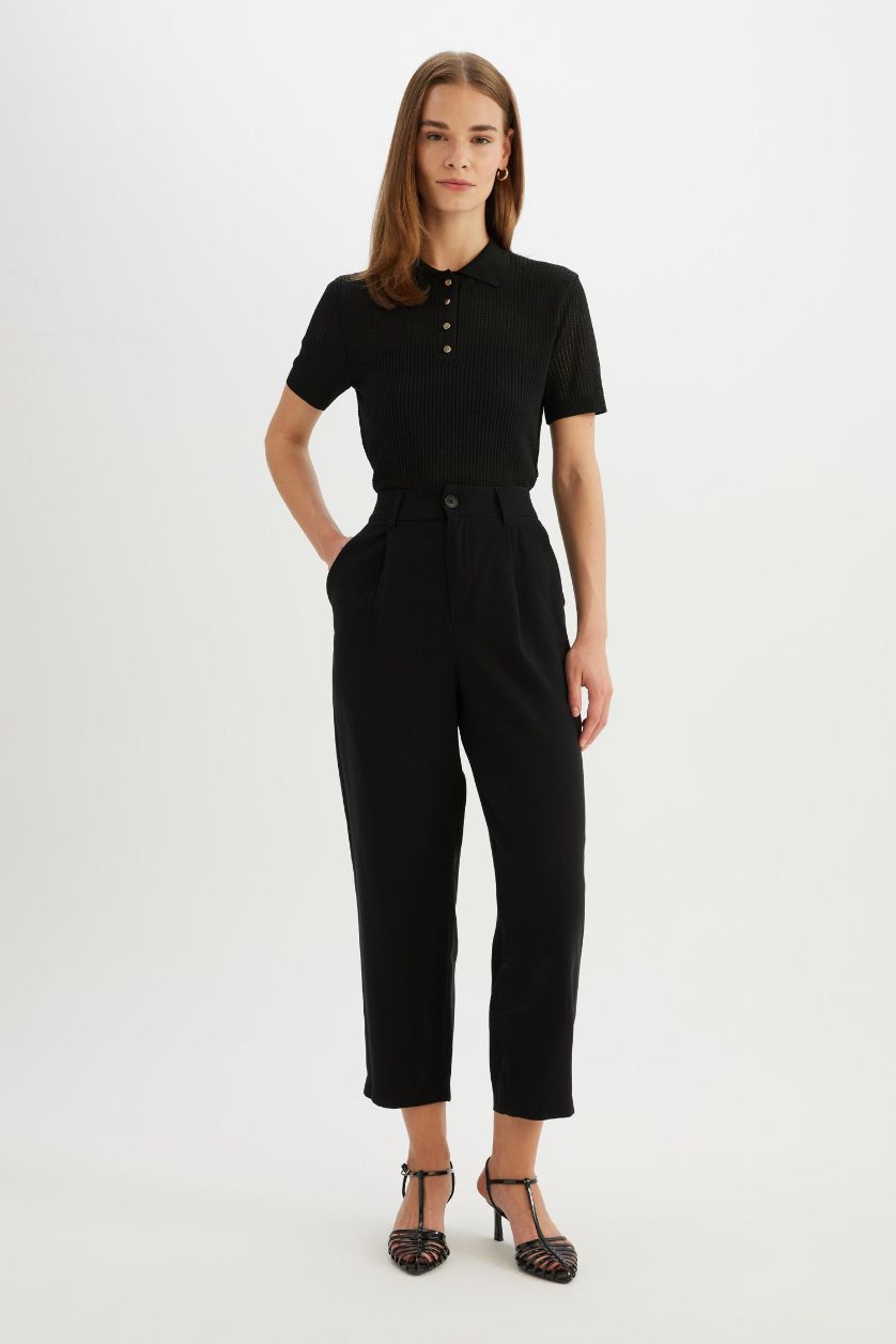 Kadın Siyah Regular Fit Ajurlu Polo Yaka Kısa Kollu Siyah Triko Kazak