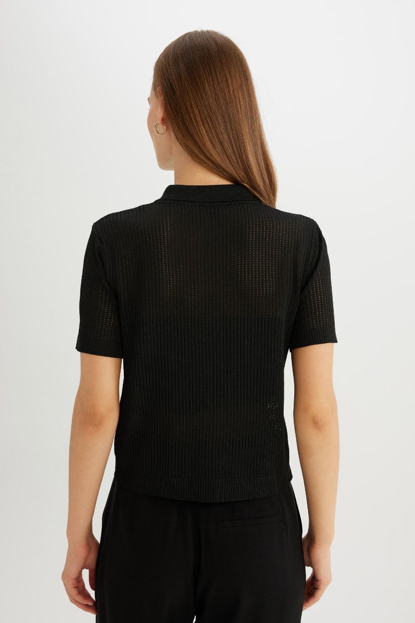 Kadın Siyah Regular Fit Ajurlu Polo Yaka Kısa Kollu Siyah Triko Kazak