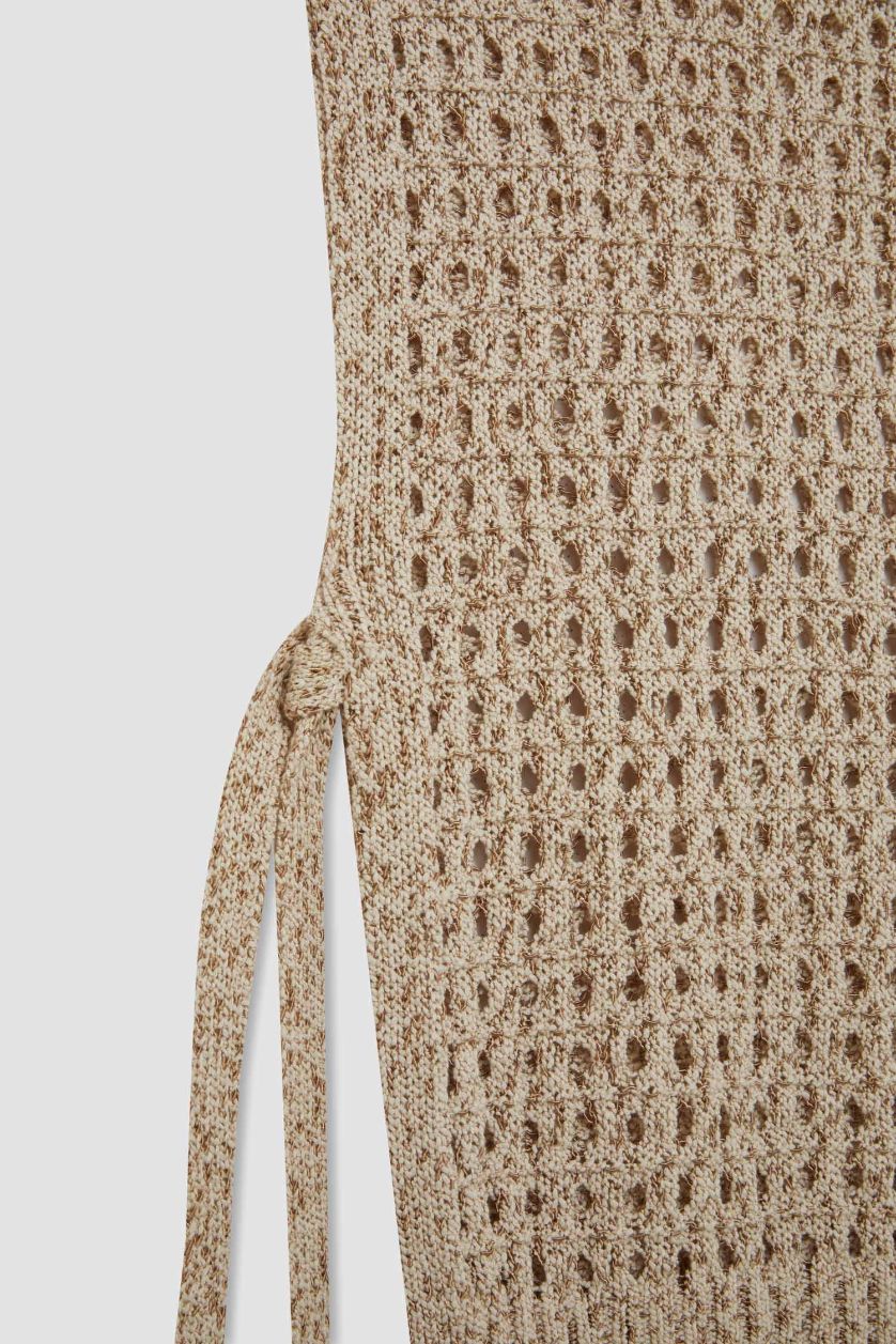 Kadın Bej Bisiklet Yaka Yandan Bağlamalı Ajurlu Triko Süveter