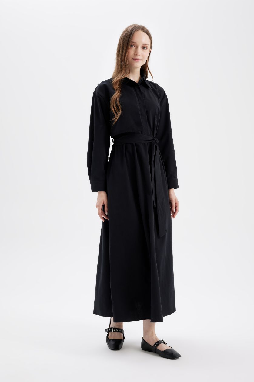 حريمي أسود فستان اسود طويل بيزك كم طويل بوبلين بياقة قميص