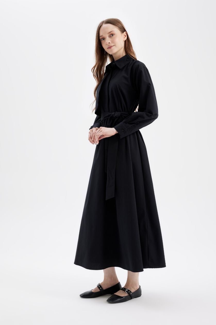 حريمي أسود فستان اسود طويل بيزك كم طويل بوبلين بياقة قميص