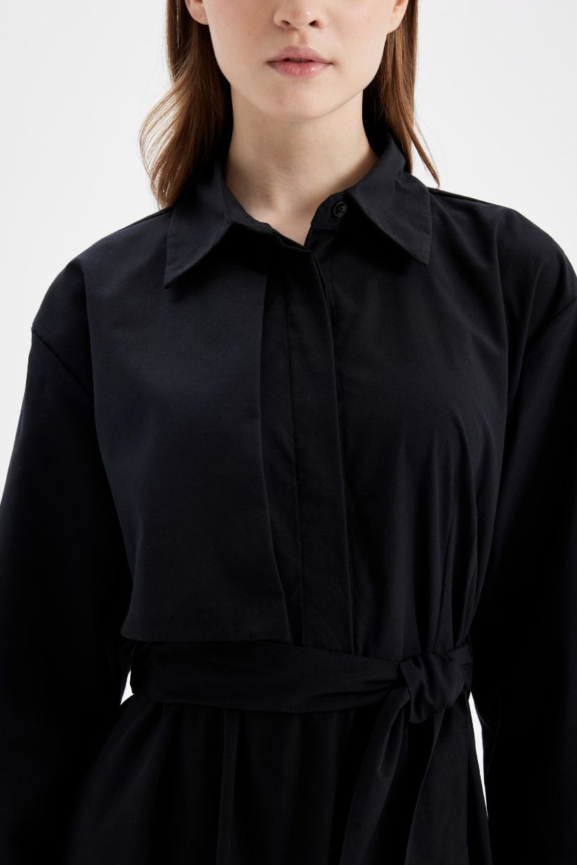 حريمي أسود فستان اسود طويل بيزك كم طويل بوبلين بياقة قميص