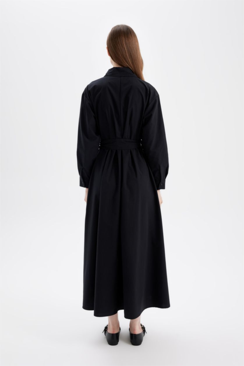 حريمي أسود فستان اسود طويل بيزك كم طويل بوبلين بياقة قميص