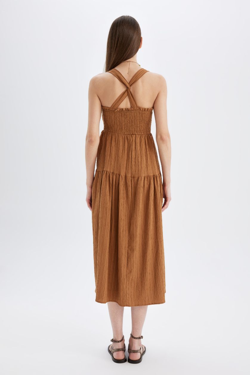 Kadın Camel Kare Yaka Askılı Midi Elbise